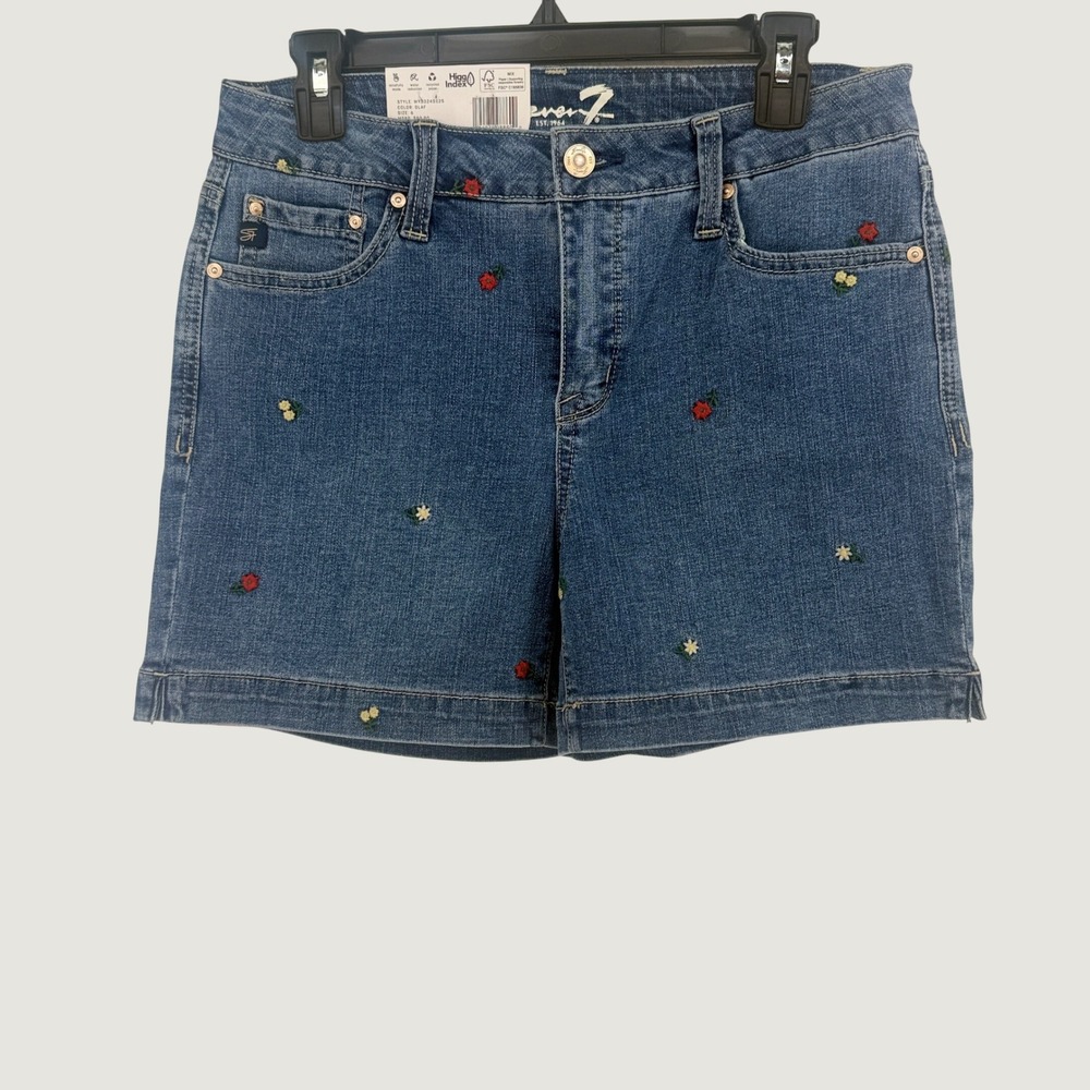 Seven7 Weekend Short Women 6 Blue Embroidered Floral Daisy Rose Denim NWT